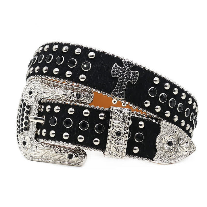 Cintura in pelle con borchie a croce e strass scintillanti