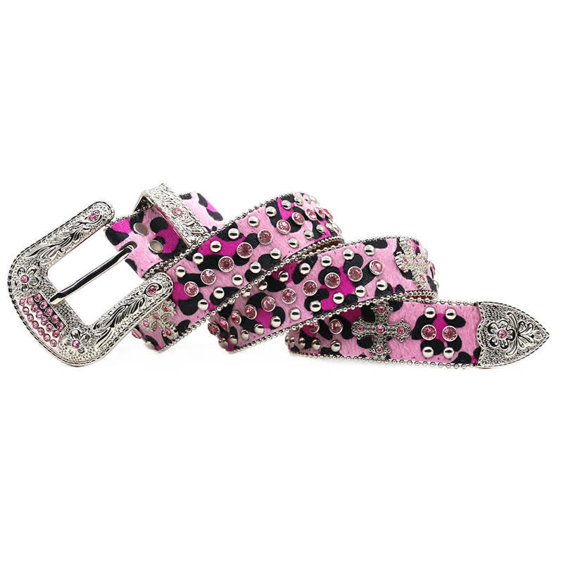 Cintura in pelle con borchie a croce e strass scintillanti