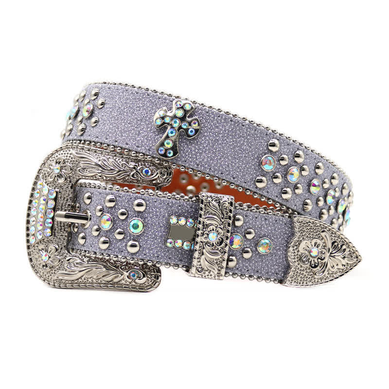 Cintura in pelle con fibbia intagliata a fiore e rivetti in strass - Grigio - 44 - image 0
