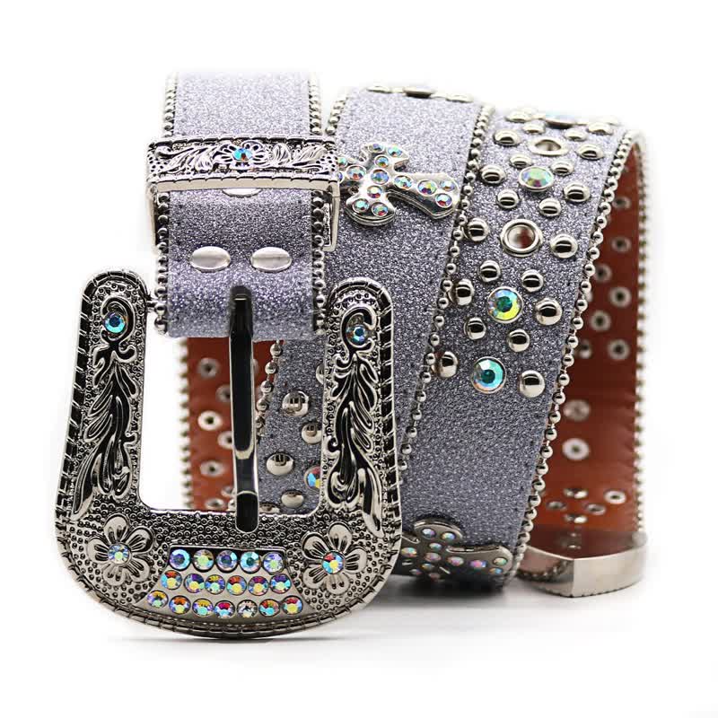 Cintura in pelle con fibbia intagliata a fiore e rivetti in strass - image 1