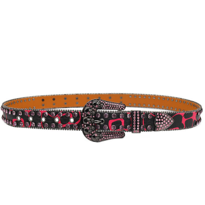 Cintura in pelle con rivetti in strass e design intarsiato con teschio - image 2