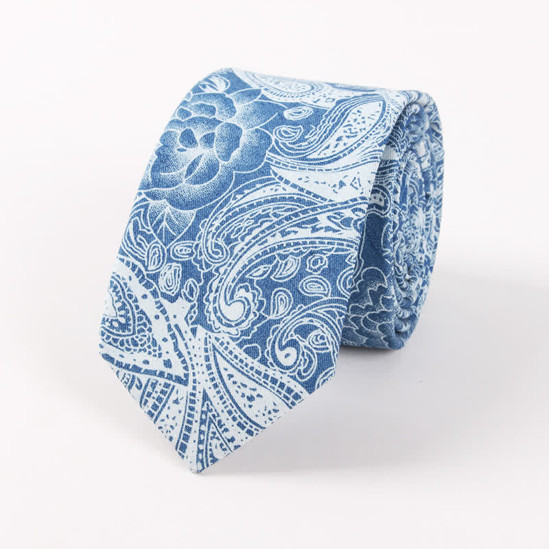 Cravatta da uomo in cotone con stampa teschio spina di pesce blu in stile britannico - Paisley azzurro chiaro - image 5