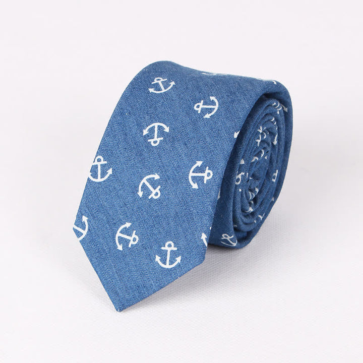 Cravatta da uomo in cotone con stampa teschio spina di pesce blu in stile britannico - Ancora blu - image 8