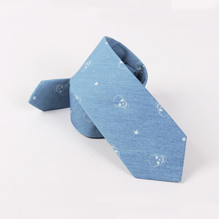 Cravatta da uomo in cotone con stampa teschio spina di pesce blu in stile britannico - image 2