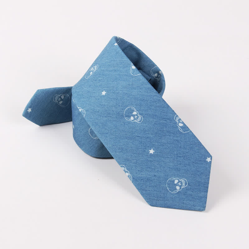 Cravatta da uomo in cotone con stampa teschio spina di pesce blu in stile britannico - image 4