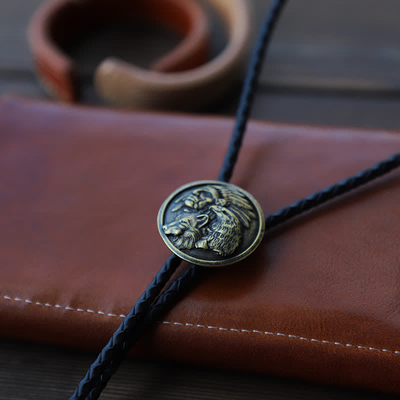 Cravatta Bolo con testa di capo indiano intagliata da cowboy - Oro antico - Pelle PU - image 5