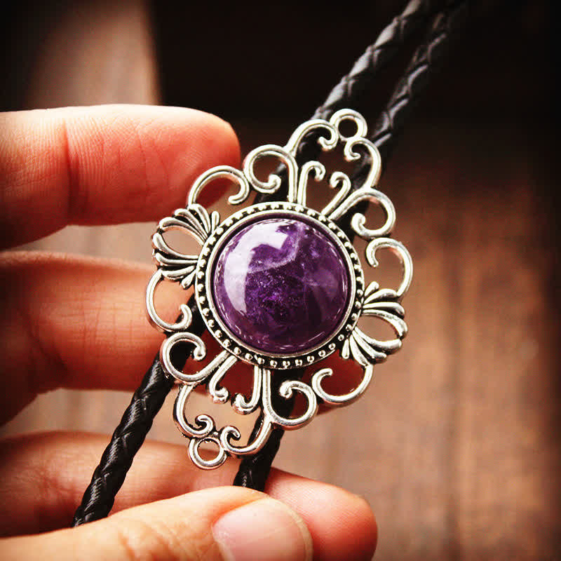 Cravatta Bolo con ciondolo medaglione in pietra artistica unica - Viola - Pelle PU - image 7