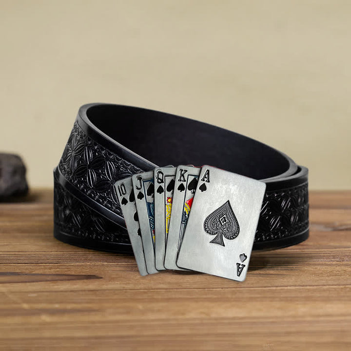 Cintura in pelle con fibbia da poker per gioco da casinò fai da te da uomo - Poker - Cintura in tessuto goffrato nero (38) - image 5