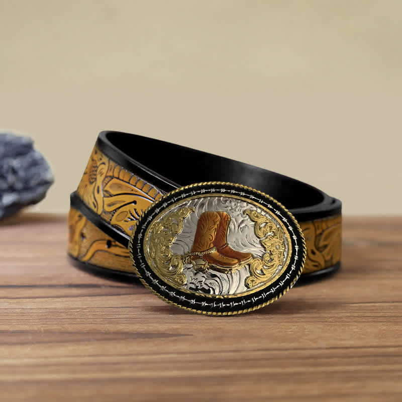 Cintura in pelle con fibbia ovale dorata da cowboy western fai da te da uomo