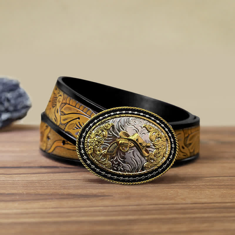 Cintura in pelle con fibbia ovale dorata da cowboy western fai da te da uomo