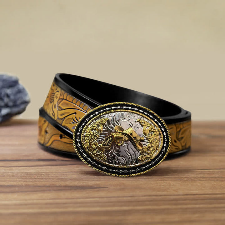 Cintura in pelle con fibbia ovale dorata da cowboy western fai da te da uomo