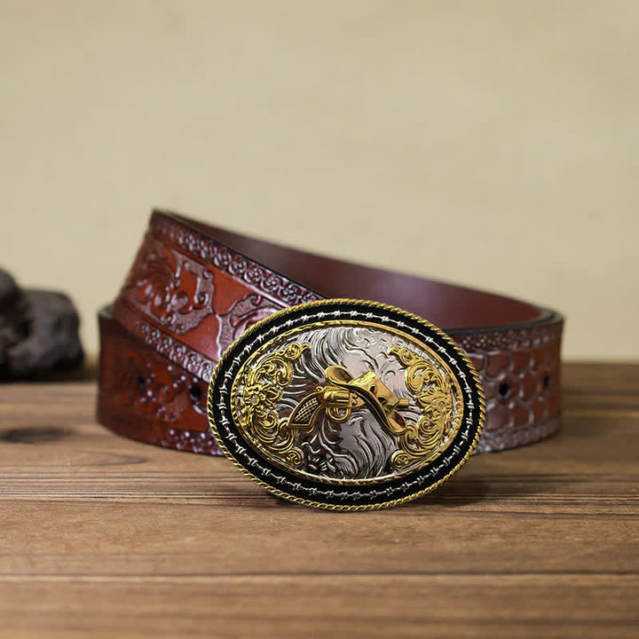 Cintura in pelle con fibbia ovale dorata da cowboy western fai da te da uomo