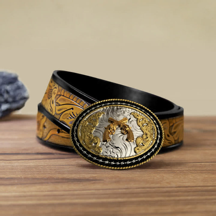 Cintura in pelle con fibbia ovale dorata da cowboy western fai da te da uomo