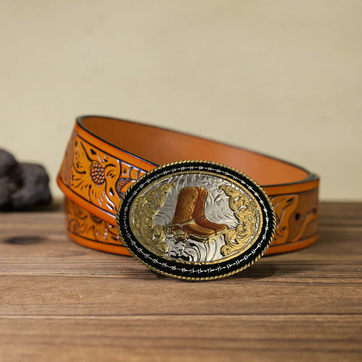 Cintura in pelle con fibbia ovale dorata da cowboy western fai da te da uomo