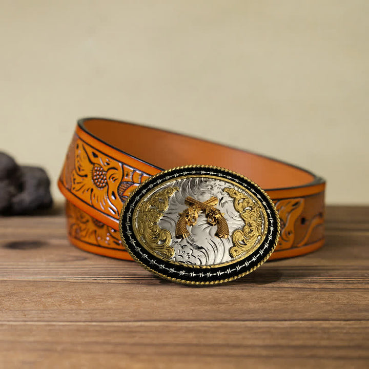 Cintura in pelle con fibbia ovale dorata da cowboy western fai da te da uomo