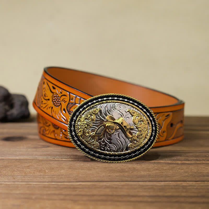 Cintura in pelle con fibbia ovale dorata da cowboy western fai da te da uomo