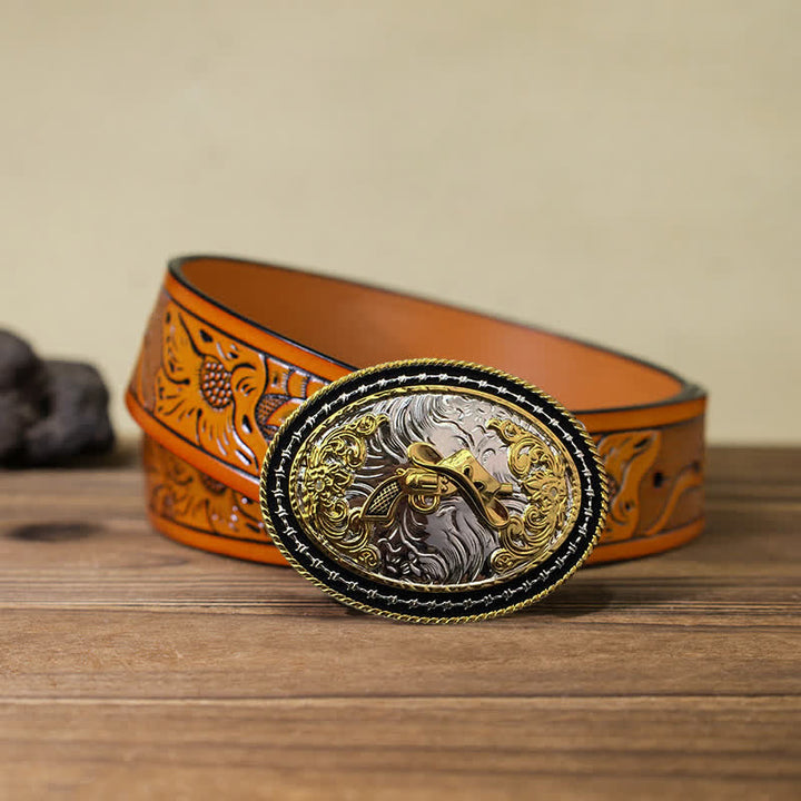 Cintura in pelle con fibbia ovale dorata da cowboy western fai da te da uomo