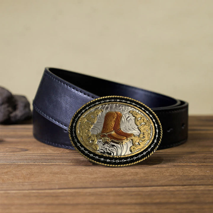 Cintura in pelle con fibbia ovale dorata da cowboy western fai da te da uomo