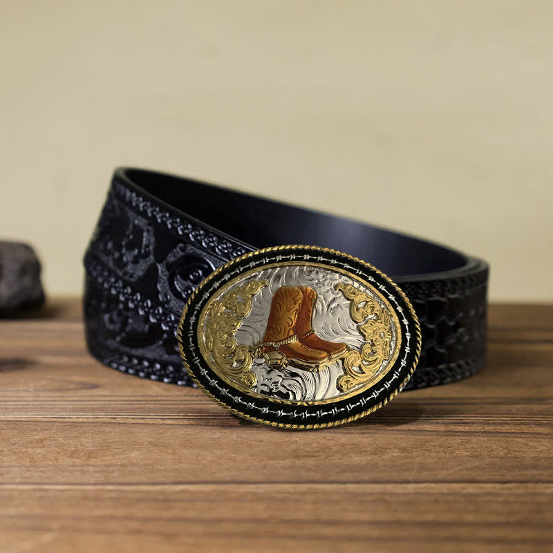 Cintura in pelle con fibbia ovale dorata da cowboy western fai da te da uomo