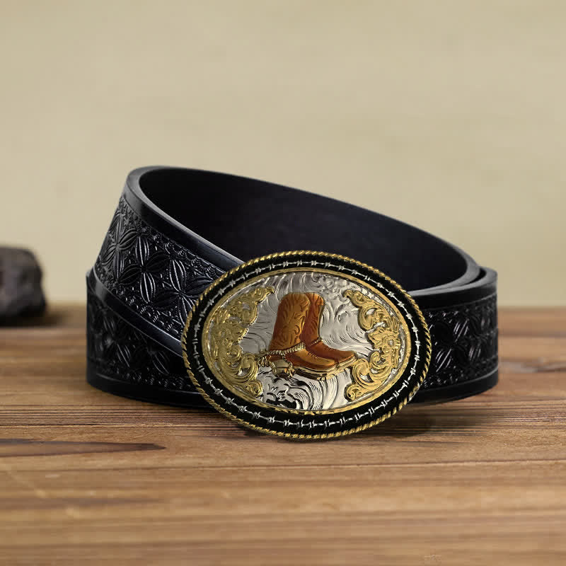 Cintura in pelle con fibbia ovale dorata da cowboy western fai da te da uomo