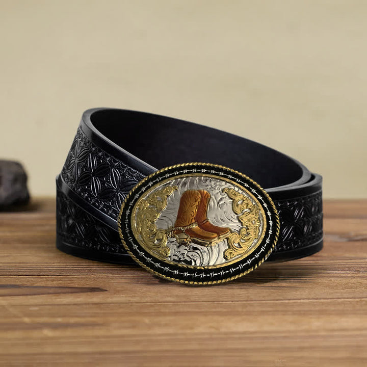 Cintura in pelle con fibbia ovale dorata da cowboy western fai da te da uomo