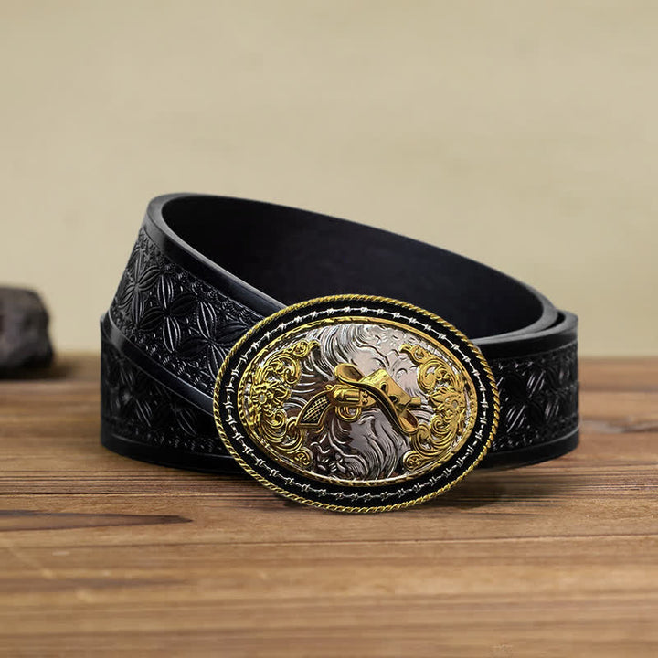 Cintura in pelle con fibbia ovale dorata da cowboy western fai da te da uomo