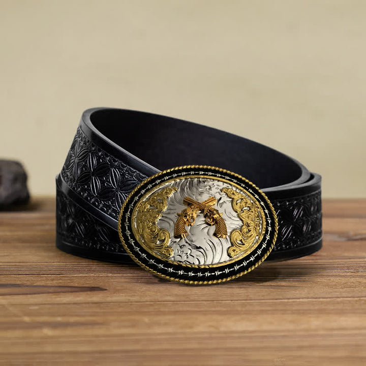 Cintura in pelle con fibbia ovale dorata da cowboy western fai da te da uomo