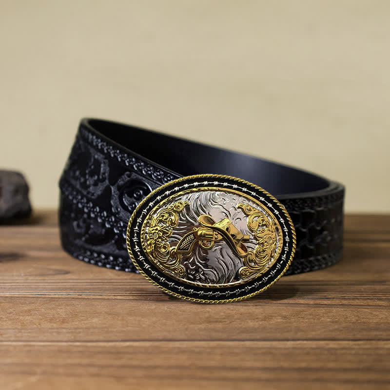 Cintura in pelle con fibbia ovale dorata da cowboy western fai da te da uomo