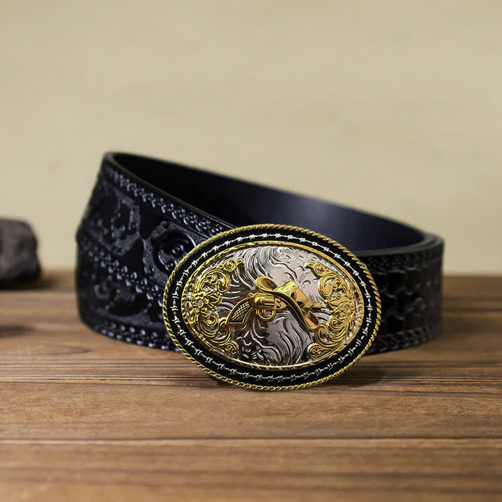 Cintura in pelle con fibbia ovale dorata da cowboy western fai da te da uomo