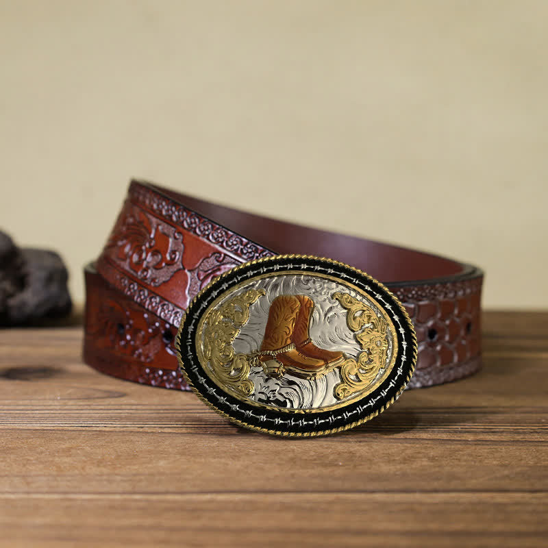 Cintura in pelle con fibbia ovale dorata da cowboy western fai da te da uomo