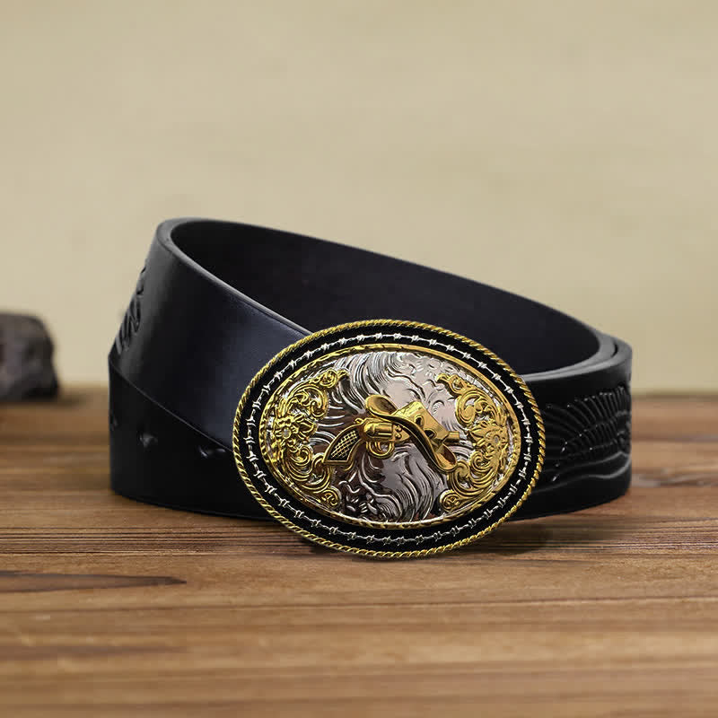 Cintura in pelle con fibbia ovale dorata da cowboy western fai da te da uomo
