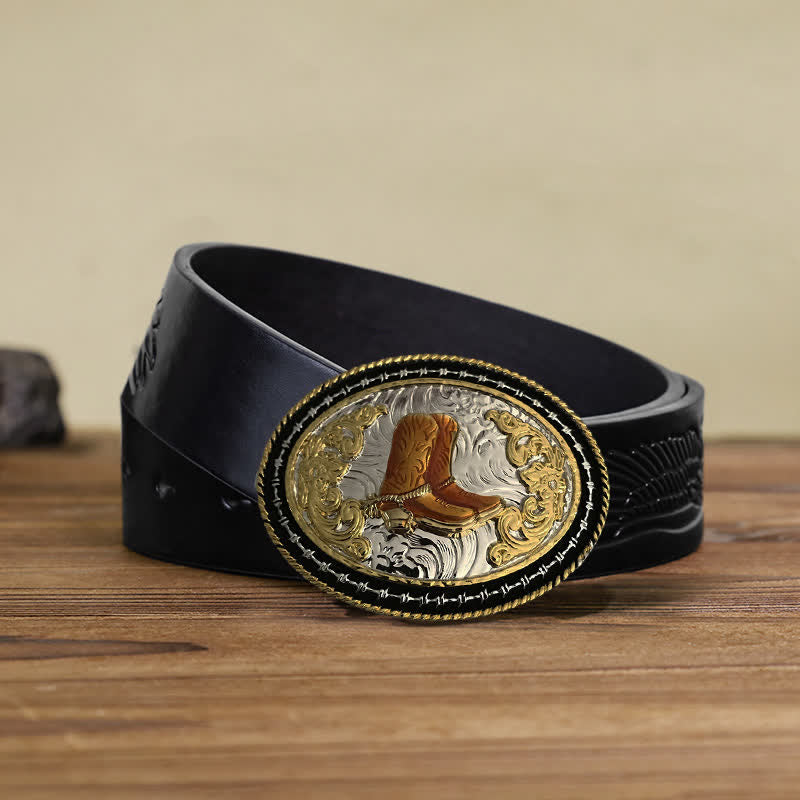 Cintura in pelle con fibbia ovale dorata da cowboy western fai da te da uomo