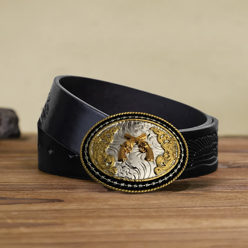 Cintura in pelle con fibbia ovale dorata da cowboy western fai da te da uomo