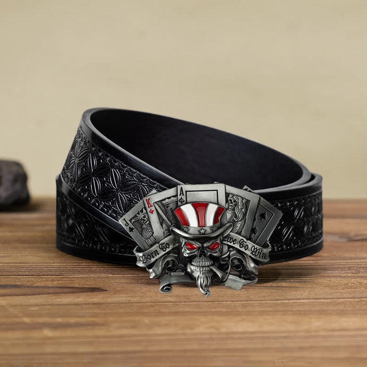 Cintura in pelle con fibbia da poker con teschio "Live To Win" fai da te da uomo