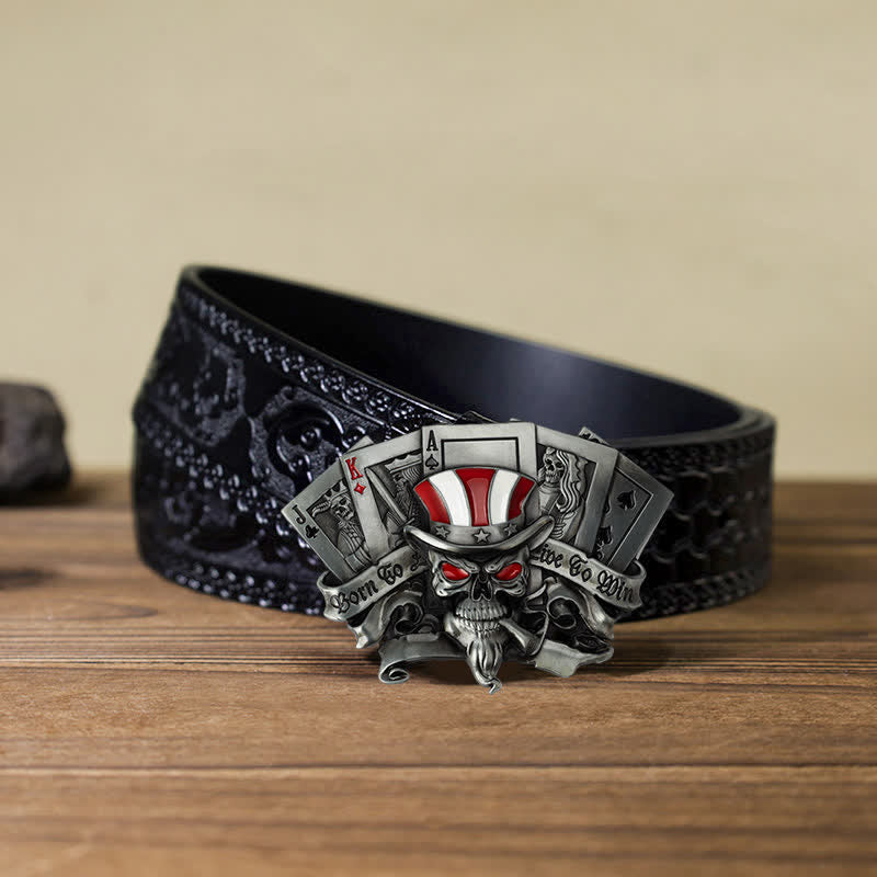 Cintura in pelle con fibbia da poker con teschio "Live To Win" fai da te da uomo