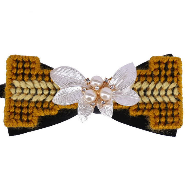 Papillon da uomo in lana intrecciata con perle e fiori di pietra - Marrone - image 6