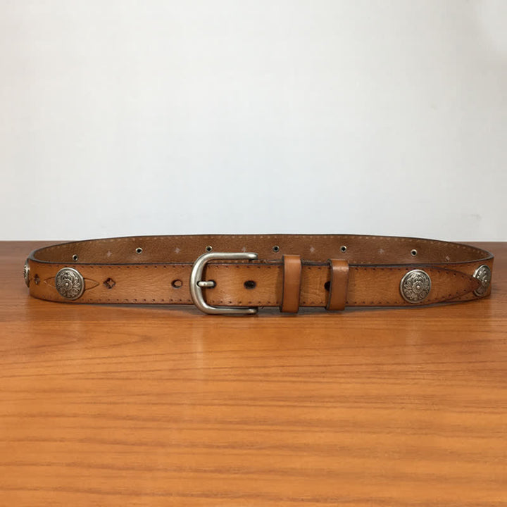 Cintura in pelle vintage con rivetti a forma di fiore intagliato rotondo - image 3