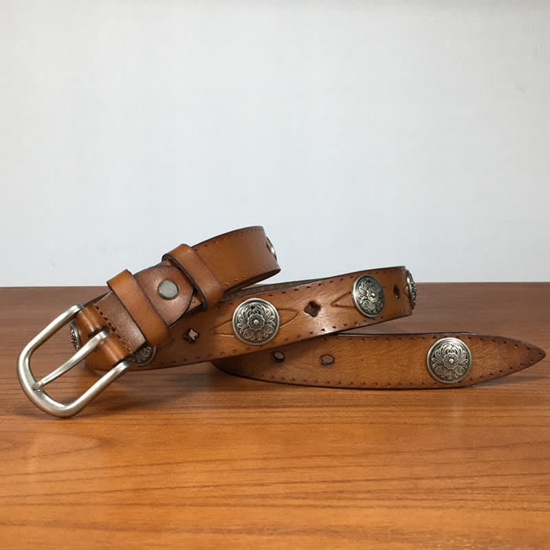 Cintura in pelle vintage con rivetti a forma di fiore intagliato rotondo - image 1