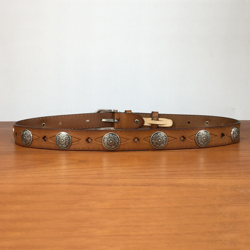 Cintura in pelle vintage con rivetti a forma di fiore intagliato rotondo - image 4