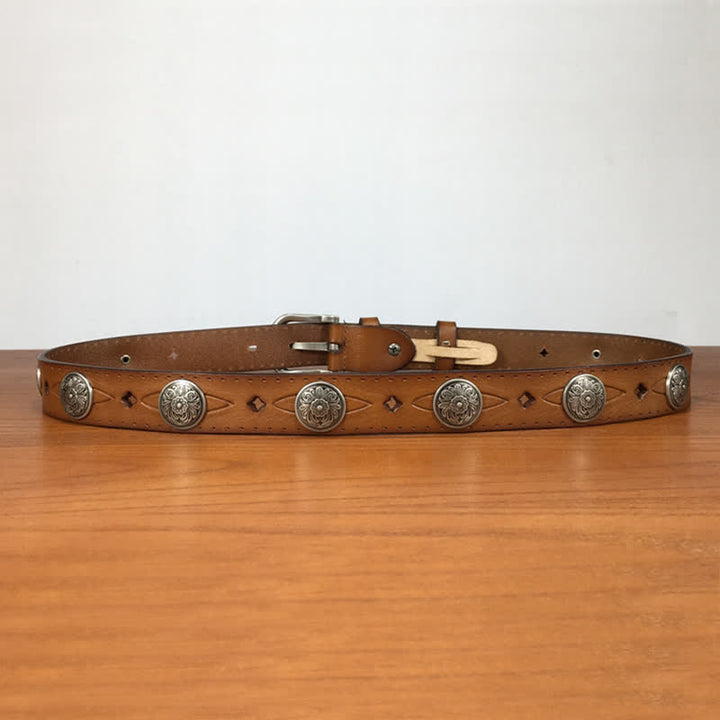 Cintura in pelle vintage con rivetti a forma di fiore intagliato rotondo - image 4