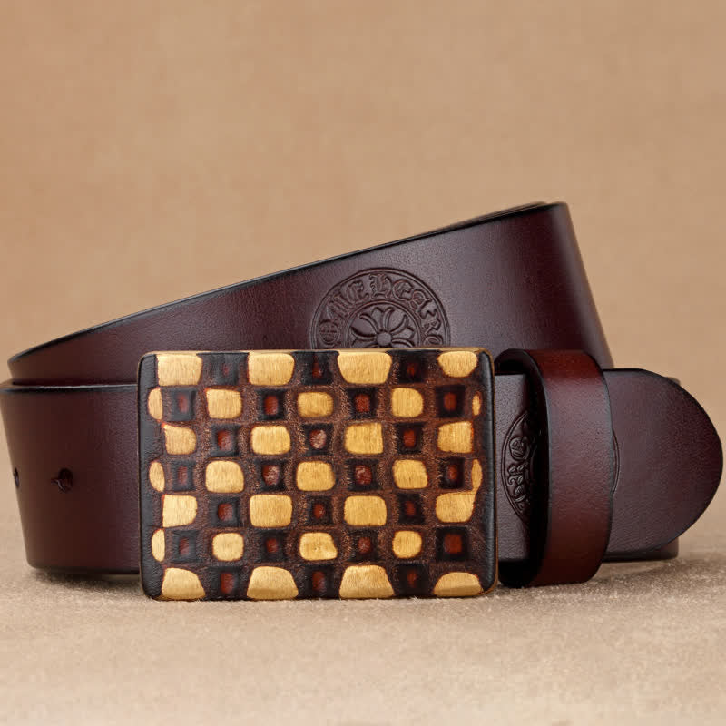 Cintura in pelle da uomo in stile geometrico a scacchi