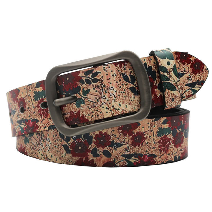 Cintura in pelle stampata con foglie di fiori rossi decorati