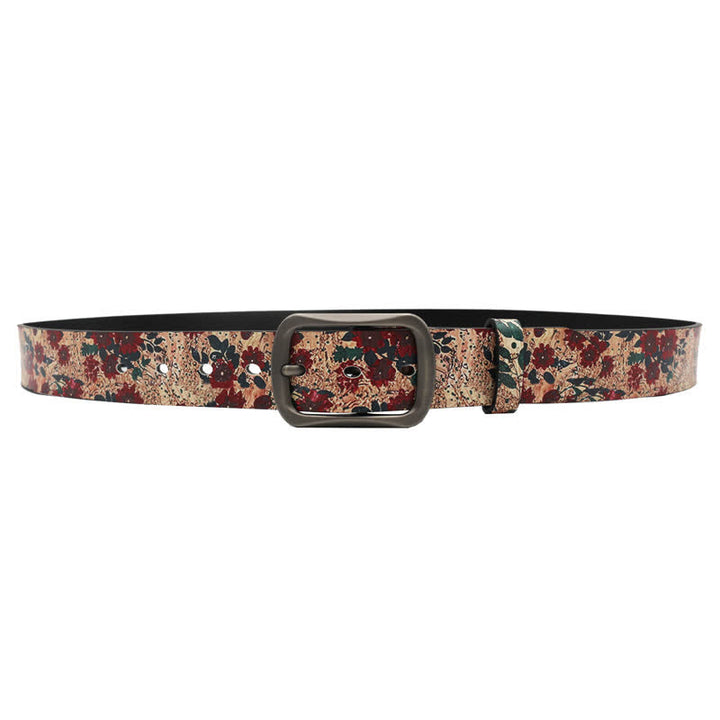 Cintura in pelle stampata con foglie di fiori rossi decorati