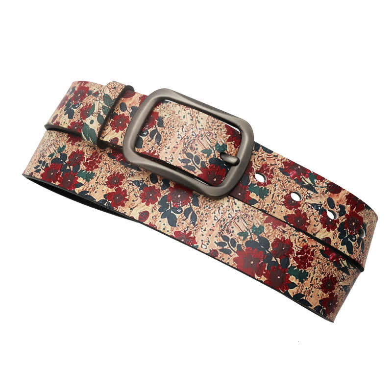 Cintura in pelle stampata con foglie di fiori rossi decorati