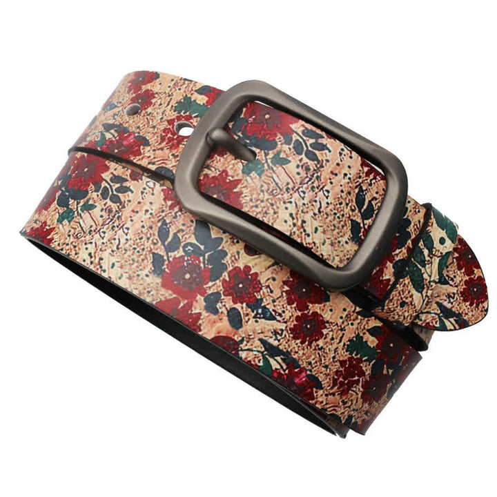 Cintura in pelle stampata con foglie di fiori rossi decorati