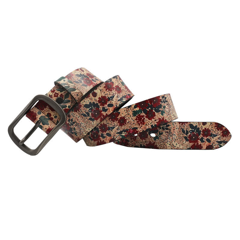 Cintura in pelle stampata con foglie di fiori rossi decorati