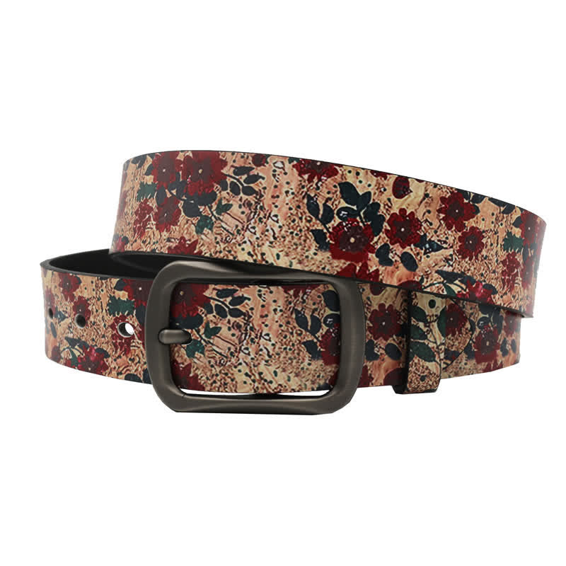 Cintura in pelle stampata con foglie di fiori rossi decorati