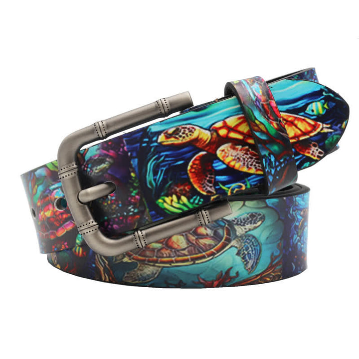 Cintura in pelle stampata con tartaruga colorata e animale marino