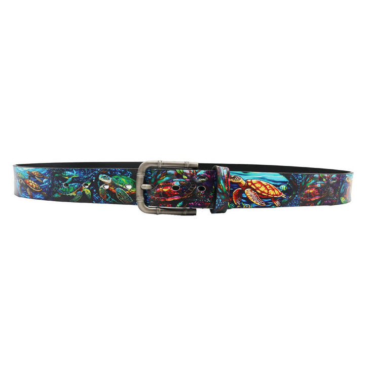 Cintura in pelle stampata con tartaruga colorata e animale marino