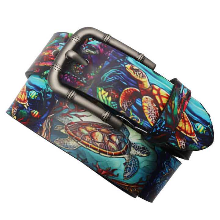 Cintura in pelle stampata con tartaruga colorata e animale marino